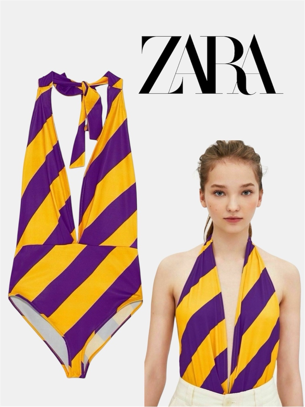 Zara Deep-V Purple & Yellow Stripped Halter Neck Bodysuit
